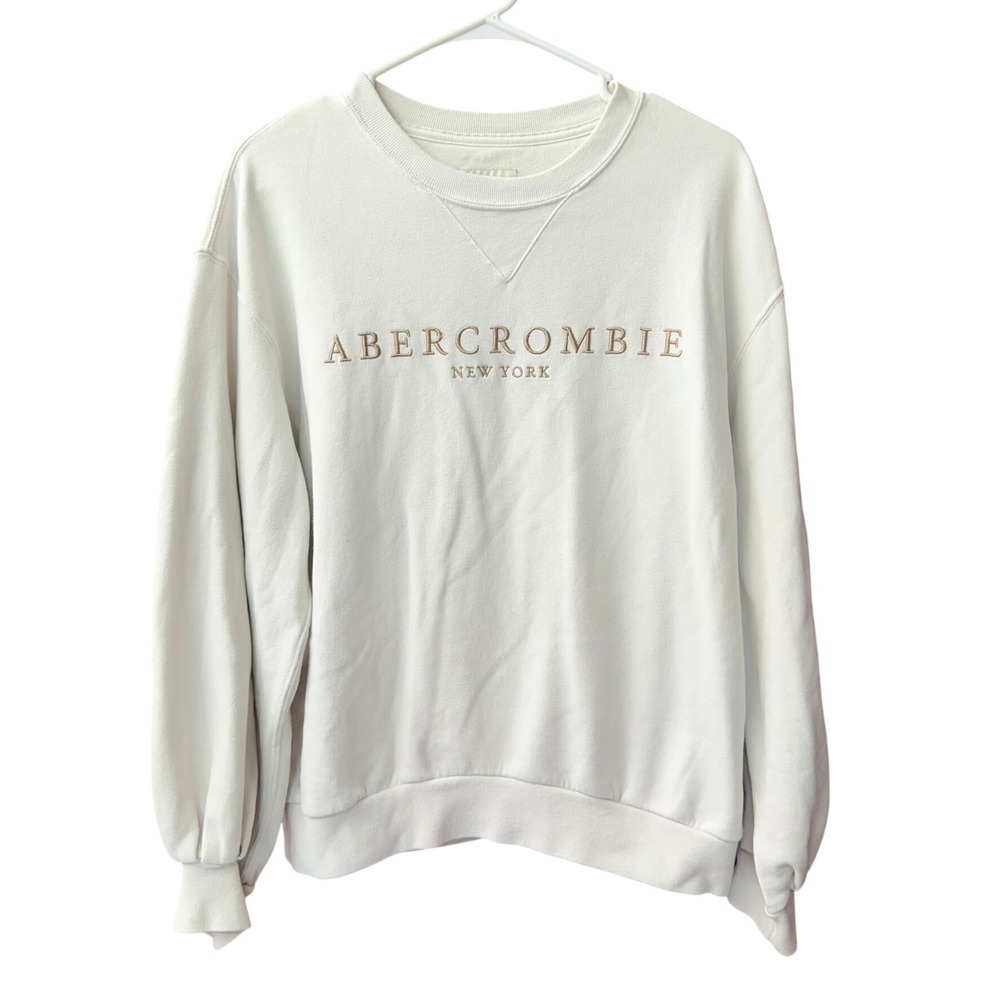 Abercrombie & Fitch Sweatshirt Womens M White Embroidered Crewneck Logo Pullover